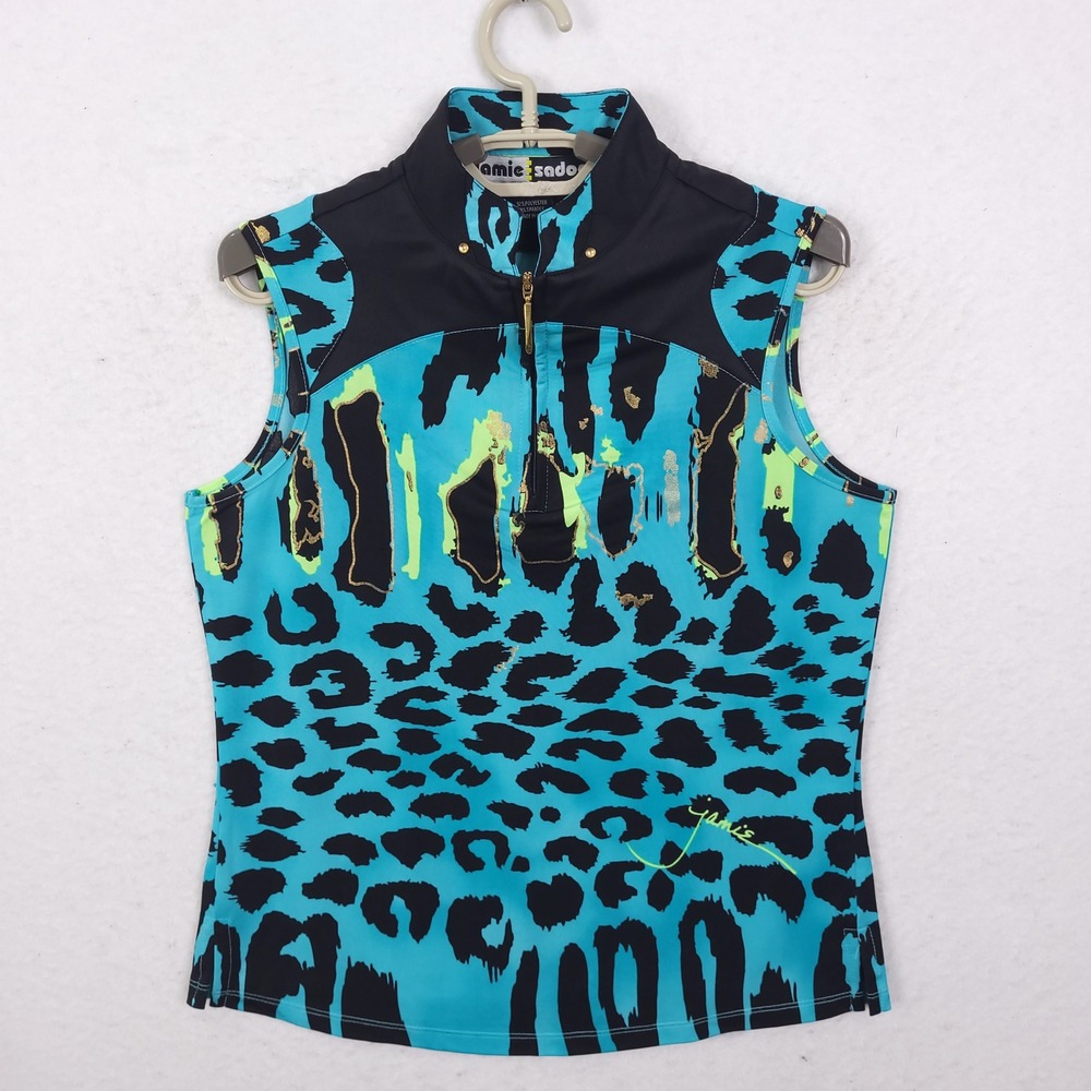 Jamie Sadock Golf Top Womens S Turquoise Leopard Print Quarter Zip Sleeveless